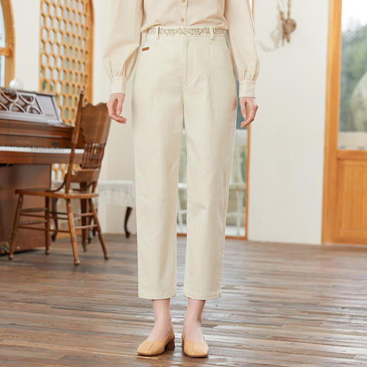 famecoco范可儿腰头设计感刺绣裤子女春季纯棉直筒休闲裤FAB1GA001 商品图0