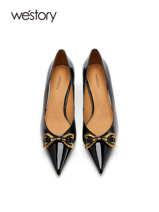 westory2023春新款复古尖头马衔扣高跟鞋名媛气质扁方根单鞋55531 商品图3