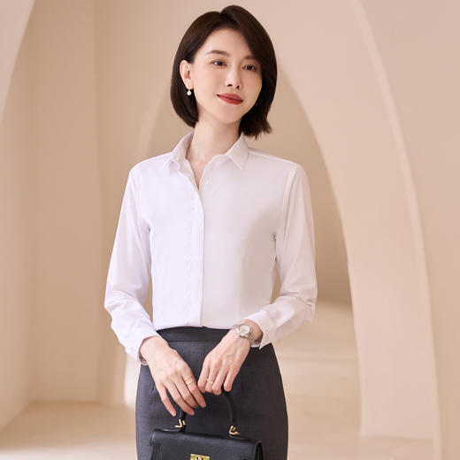 【刺绣款】罗蒙春秋新款女士衬衫简约纯色气质方领商务通勤长袖衬衫 商品图2
