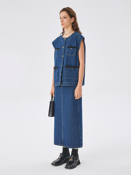 Self Who2023春季新款经典百搭牛仔半身裙中高腰直筒简约开衩裙子 商品图3