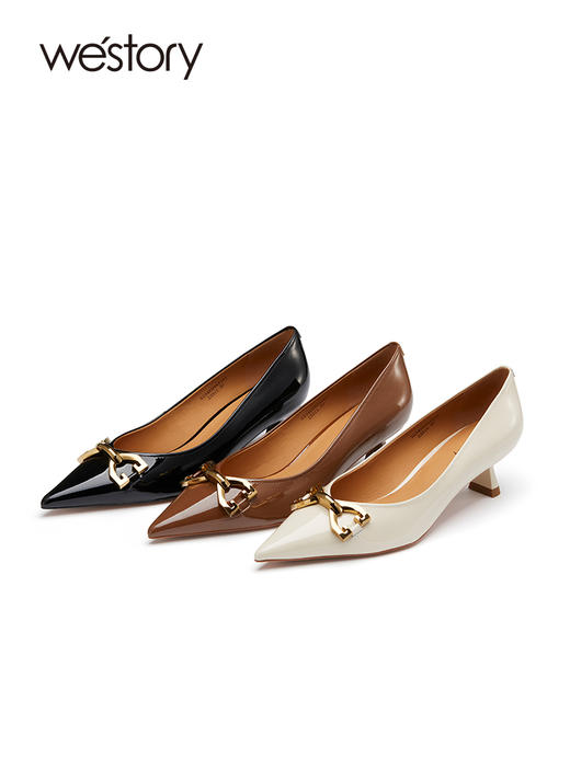 westory2023春新款复古尖头马衔扣高跟鞋名媛气质扁方根单鞋55531 商品图0