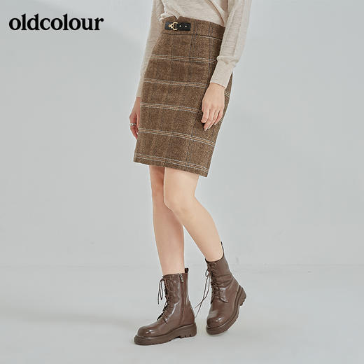 oldcolour2021冬季新款时尚气质修身百搭杏咖格包臀裙N42061249 商品图3