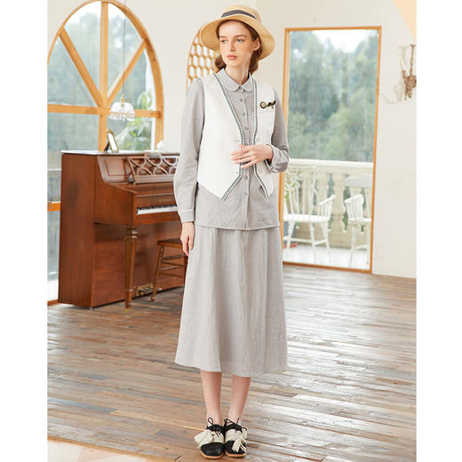 Famecoco范可儿拼接花边灰色半身裙春季后松紧高腰半裙FAB1HA017 商品图2