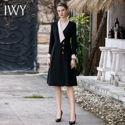 IWY/高级感缎面领西装连衣裙女气质职业裙子收腰大摆接拼黑色西服裙Q829 商品图1