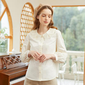 famecoco范可儿纯棉双层领衬衫女春季灯笼袖米黄色上衣FAB1BH001