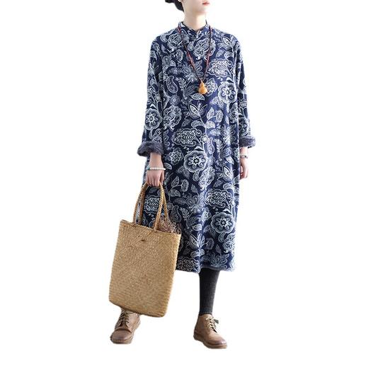 XM-连衣裙青花瓷国风复古秋冬连衣裙加绒加厚印花女装宽松长裙 商品图4