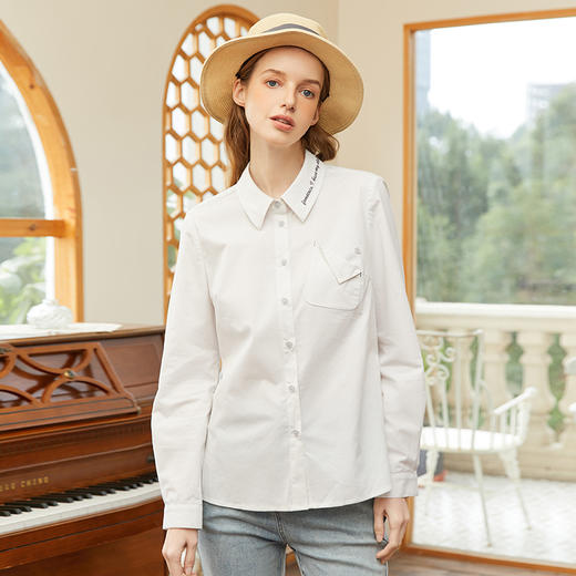 famecoco范可儿字母衬衫女春季口袋翻折衬衣设计感小众FAB1BA009 商品图0