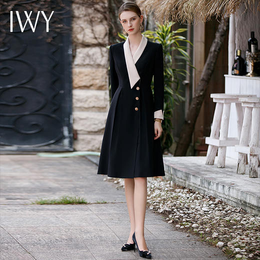 IWY/高级感缎面领西装连衣裙女气质职业裙子收腰大摆接拼黑色西服裙Q829 商品图0