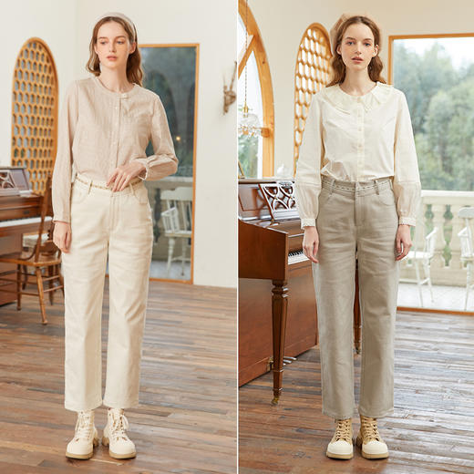 Famecoco范可儿直筒宽松休闲裤女春秋季拼接腰头设计感裤子FAB1GA004 商品图4