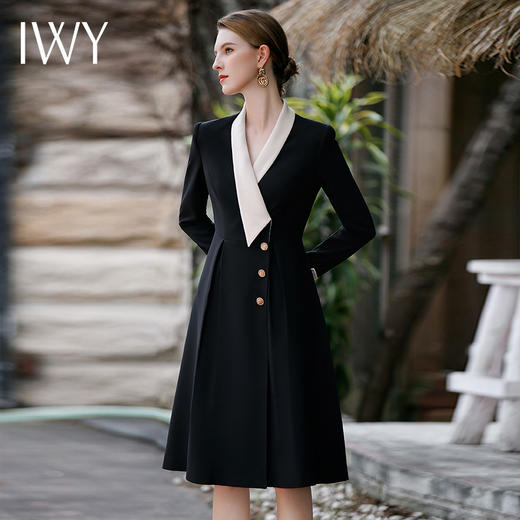 IWY/高级感缎面领西装连衣裙女气质职业裙子收腰大摆接拼黑色西服裙Q829 商品图2