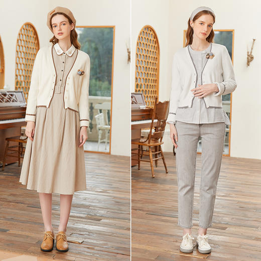 famecoco范可儿短毛衣外套女开衫春季撞色边v领针织衫FAB1DE006 商品图4