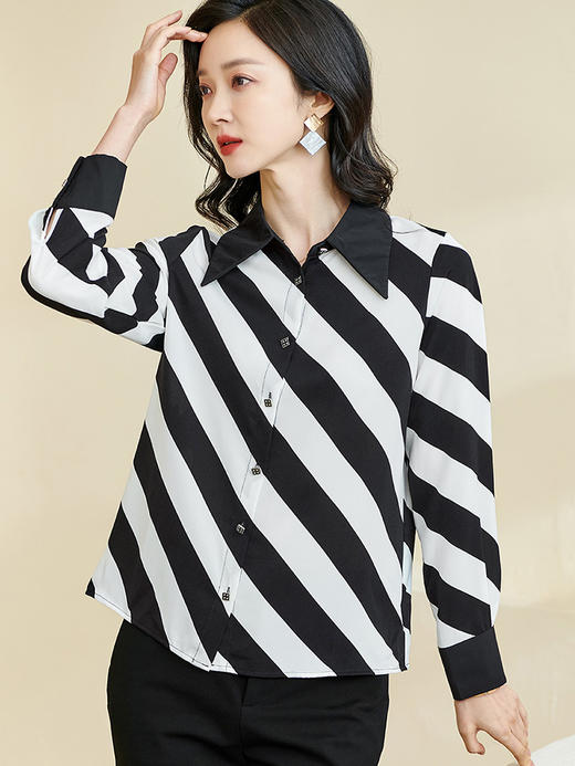 剩S/M/L 米思阳2026春季新款时尚斜条纹垂感长袖衬衣宽松百搭女式衬衫0591 商品图1
