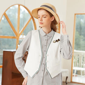 famecoco范可儿女民族风马甲春季撞色织带马夹外套叠穿FAB1CA007