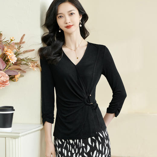 剩S 米思阳2025春季新款气质纯色V领上衣褶皱收腰七分袖醋酸T恤女0471 商品图0