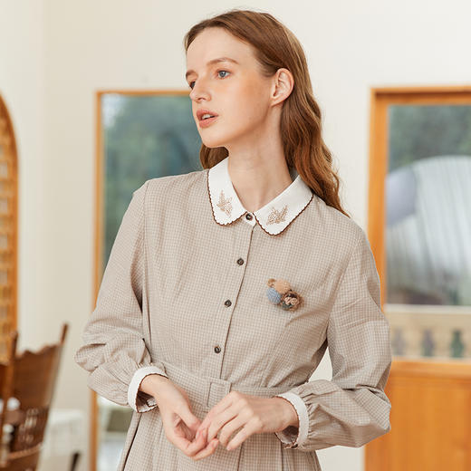 famecoco范可儿衬衫裙腰带收腰春季娃娃领千鸟格连衣裙FAB1FA026 商品图1