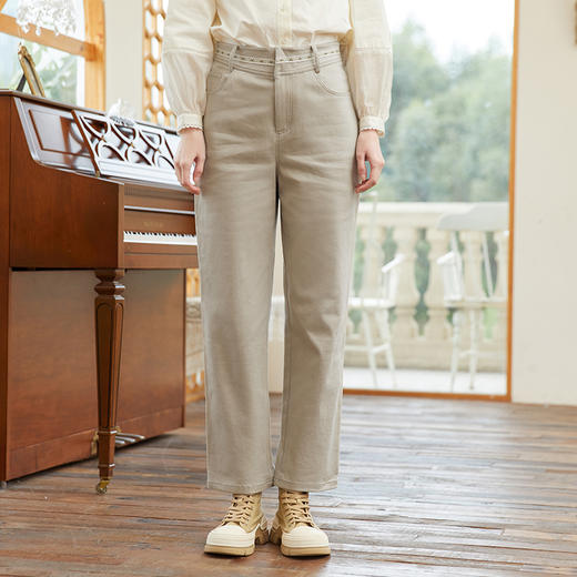 Famecoco范可儿直筒宽松休闲裤女春秋季拼接腰头设计感裤子FAB1GA004 商品图0