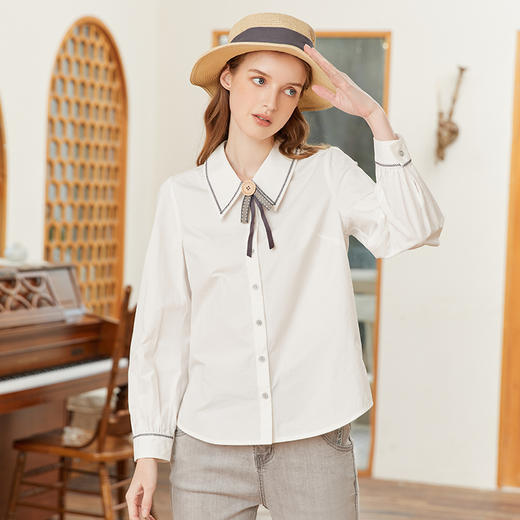 Famecoco范可儿纯棉简约刺绣衬衫女春款通勤长袖上衣优雅 商品图3