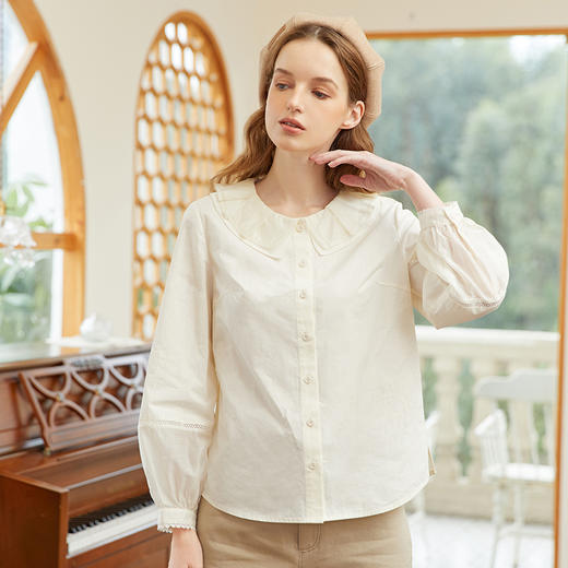 famecoco范可儿纯棉双层领衬衫女春季灯笼袖米黄色上衣FAB1BH001 商品图1