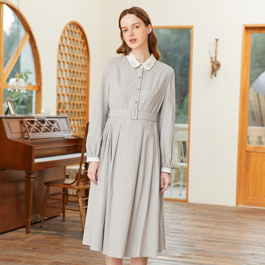 famecoco范可儿衬衫裙腰带收腰春季娃娃领千鸟格连衣裙FAB1FA026 商品图3