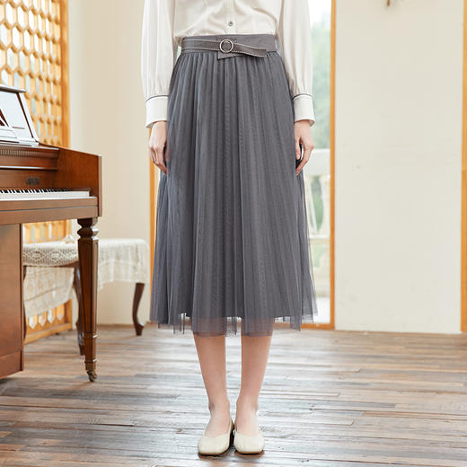 Famecoco范可儿超火腰封网纱裙春季a字垂感百褶半身裙女FAB1HA009 商品图3