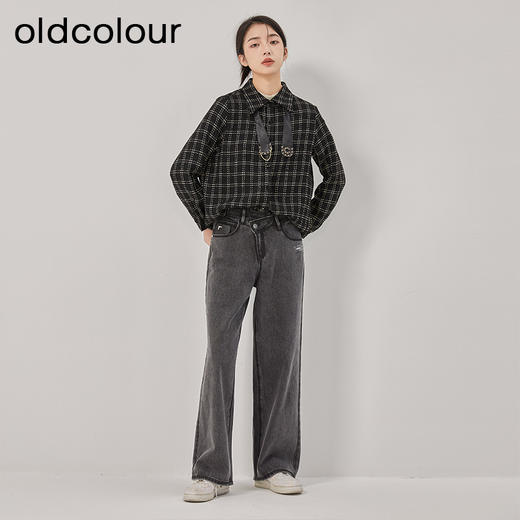 oldcolour2022冬季新款时尚百搭宽松金丝线格纹长袖衬衫女 商品图3