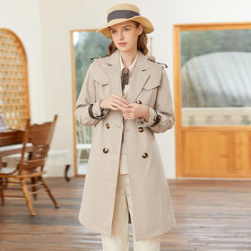 famecoco范可儿复古英伦风腰带装饰春季风衣外套女中长款FAB1AT001