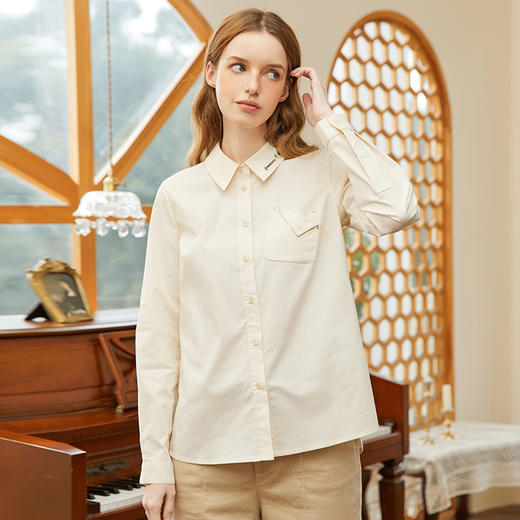 famecoco范可儿字母衬衫女春季口袋翻折衬衣设计感小众FAB1BA009 商品图4