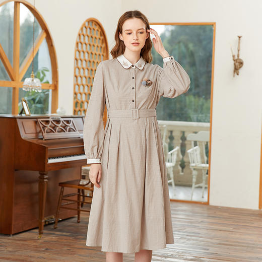 famecoco范可儿衬衫裙腰带收腰春季娃娃领千鸟格连衣裙FAB1FA026 商品图0