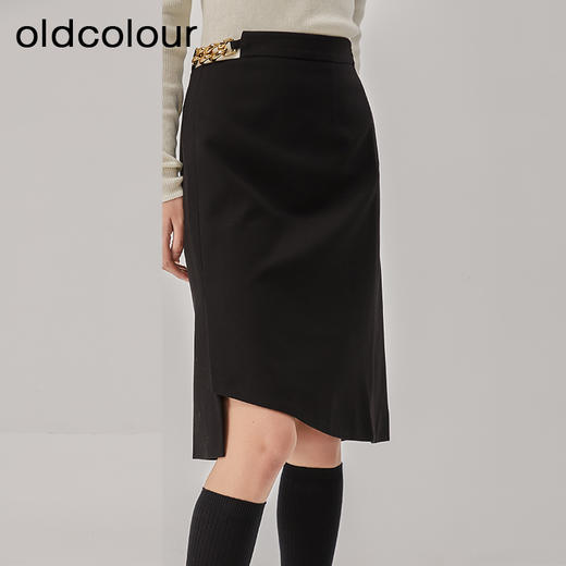 oldcolour2022冬新款黑色高腰显瘦休闲不规则包臀中长款半身裙女 商品图3