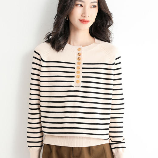 【经典款式】SIIJJEYY 枝辑女士海军条纹亨利领针织衫（4色可选） 商品图5
