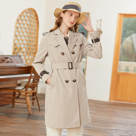 famecoco范可儿复古英伦风腰带装饰春季风衣外套女中长款FAB1AT001 商品图1