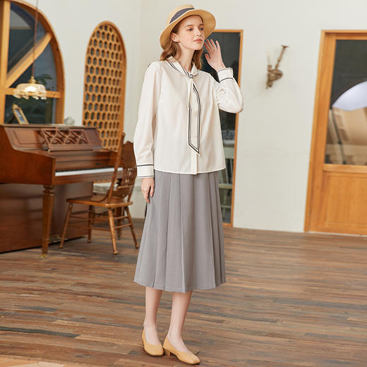 Famecoco范可儿撞色飘带领衬衫女春款高端白衬衣自由通勤 商品图3