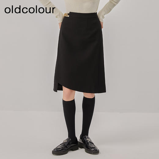 oldcolour2022冬新款黑色高腰显瘦休闲不规则包臀中长款半身裙女 商品图1