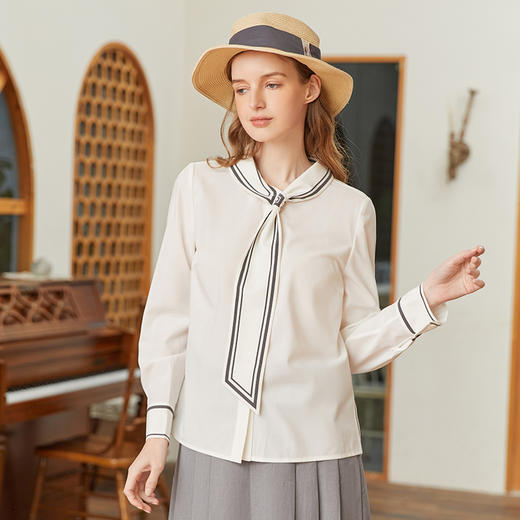 Famecoco范可儿撞色飘带领衬衫女春款高端白衬衣自由通勤 商品图1