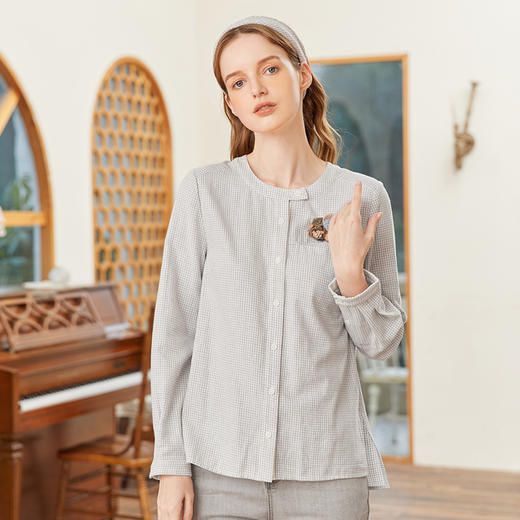 famecoco范可儿千鸟格衬衫女开叉春季圆领衬衣设计感小众FAB1BH003 商品图0