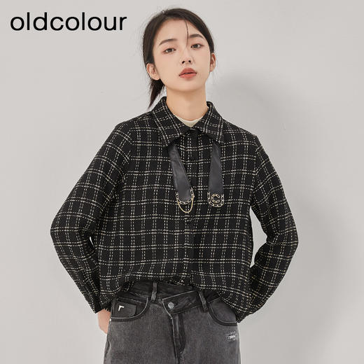 oldcolour2022冬季新款时尚百搭宽松金丝线格纹长袖衬衫女 商品图0