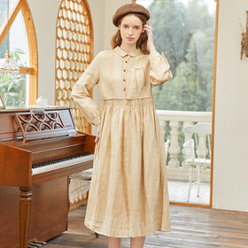 famecoco范可儿春季苎麻松紧腰长裙水墨温柔连衣裙高级FAB1FA011