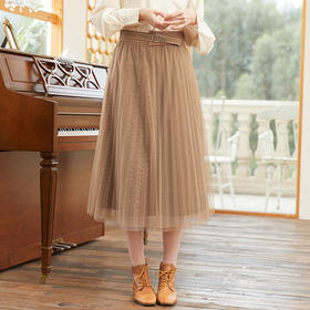 Famecoco范可儿超火腰封网纱裙春季a字垂感百褶半身裙女FAB1HA009