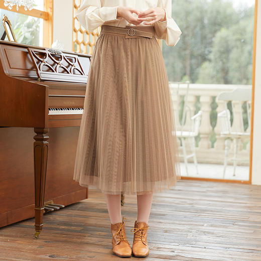 Famecoco范可儿超火腰封网纱裙春季a字垂感百褶半身裙女FAB1HA009 商品图0