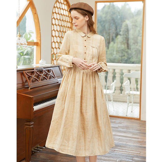 famecoco范可儿春季苎麻松紧腰长裙水墨温柔连衣裙高级FAB1FA011 商品图1