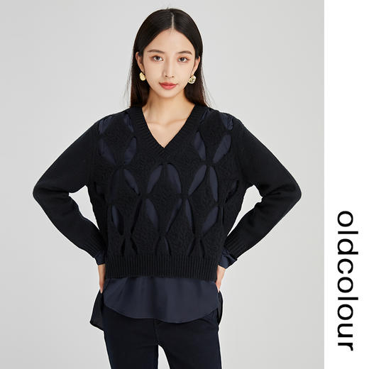 oldcolour2022年冬季新款通勤时尚气质风显瘦V领镂空毛织套头衫女N44052446 商品图2