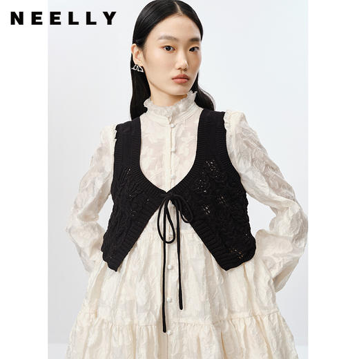 NEELLY纳俪商场同款气质立领黑色连衣裙两件套中长款大摆A字裙 N23012Y01046 商品图3