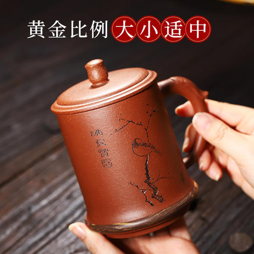 宜兴智慧紫砂春意盎然杯430ml带盖功夫茶具泡茶杯降坡泥手工刻绘大容量【不支持补差，非质量问题不退不换】S 商品图2