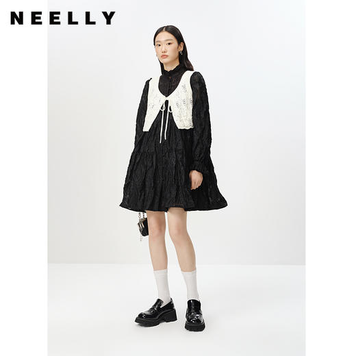 NEELLY纳俪商场同款气质立领黑色连衣裙两件套中长款大摆A字裙 N23012Y01046 商品图1