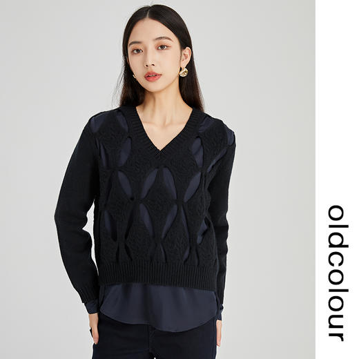 oldcolour2022年冬季新款通勤时尚气质风显瘦V领镂空毛织套头衫女N44052446 商品图3