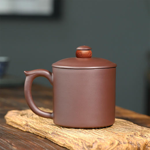 宜兴智慧紫砂福来运转杯460ml紫泥手工直筒指环盖钮泡茶杯礼盒装 商品图2