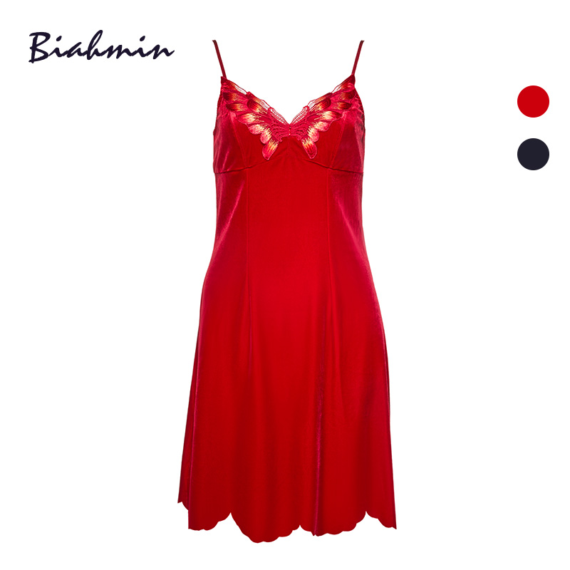 贝佳人正品无袖吊带睡裙石榴红连衣裙家居服蝴蝶性感睡衣