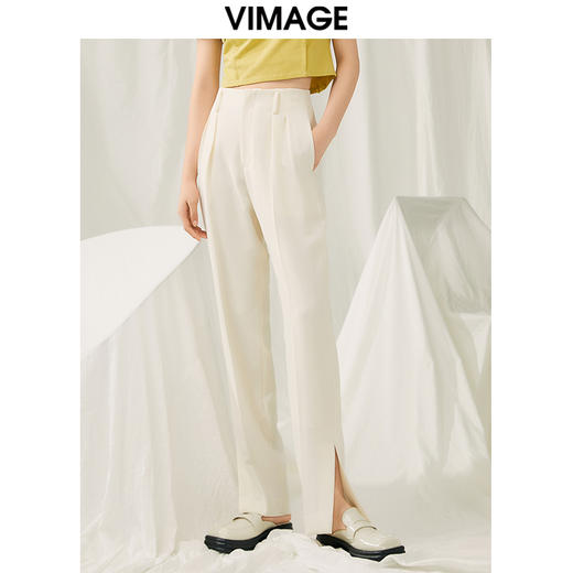 VIMAGE纬漫纪春季新款裤腿开叉香槟白裤子V1905503 商品图0