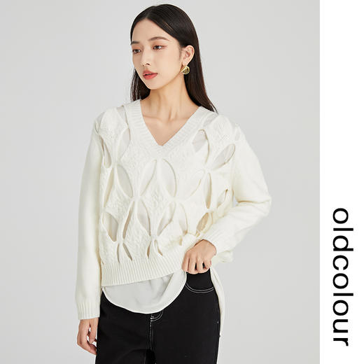 oldcolour2022年冬季新款通勤时尚气质风显瘦V领镂空毛织套头衫女N44052446 商品图1