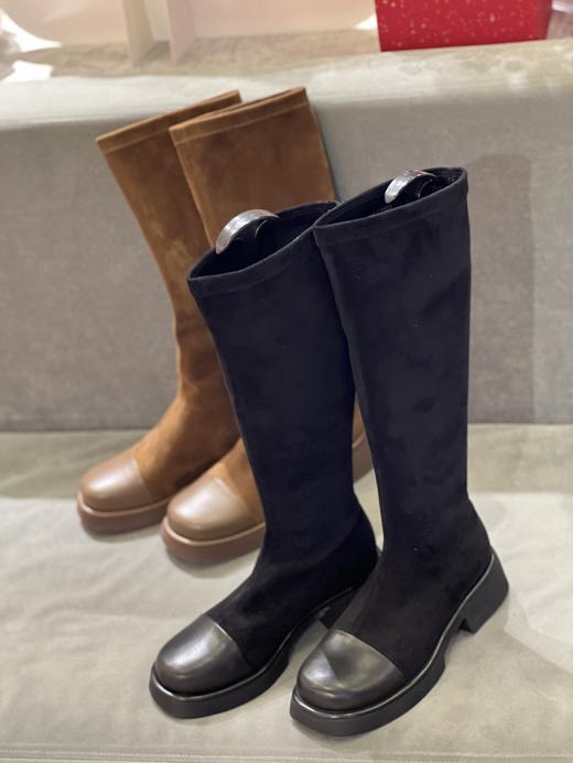 IUIU SECOND 新款圆头拼面低跟弹力靴袜袜靴长筒靴U21DQ45731 商品图0